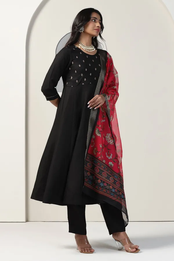 Black_Cotton_Blend_A_Line_Emboidered_Kurta_And_Pant_With_Dupatta_Set