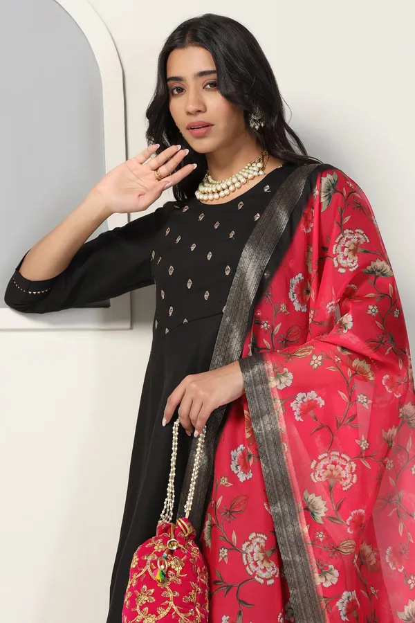 Black_Cotton_Blend_A_Line_Emboidered_Kurta_And_Pant_With_Dupatta_Set