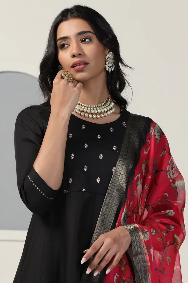 Black_Cotton_Blend_A_Line_Emboidered_Kurta_And_Pant_With_Dupatta_Set