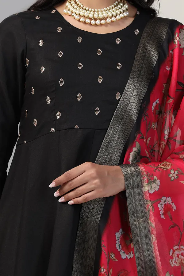Black_Cotton_Blend_A_Line_Emboidered_Kurta_And_Pant_With_Dupatta_Set