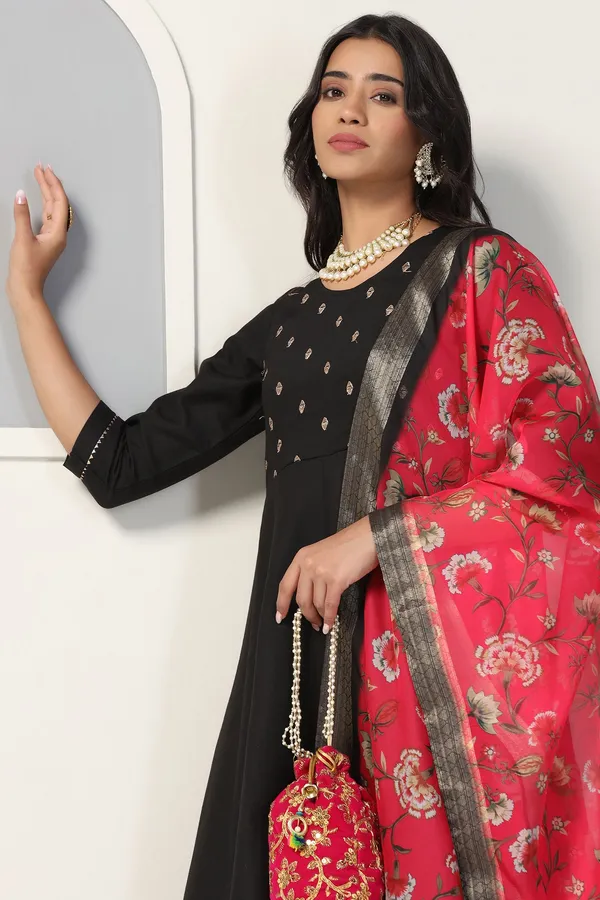 Black_Cotton_Blend_A_Line_Emboidered_Kurta_And_Pant_With_Dupatta_Set