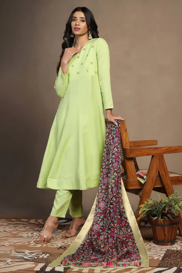 Pista_Cotton_Blend_A_Line_Emboidered_Kurta_And_Pant_With_Dupatta_Set