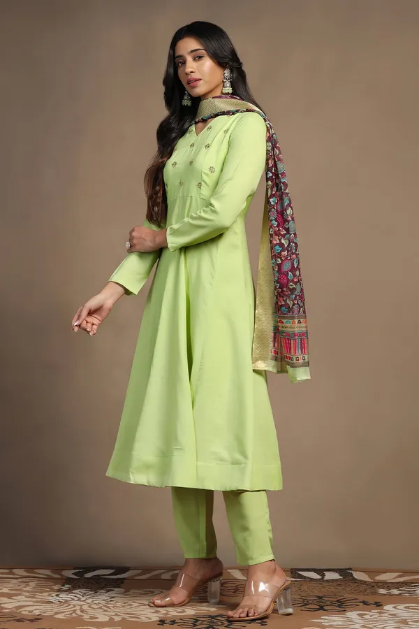 Pista_Cotton_Blend_A_Line_Emboidered_Kurta_And_Pant_With_Dupatta_Set