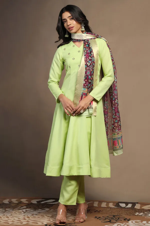 Pista_Cotton_Blend_A_Line_Emboidered_Kurta_And_Pant_With_Dupatta_Set