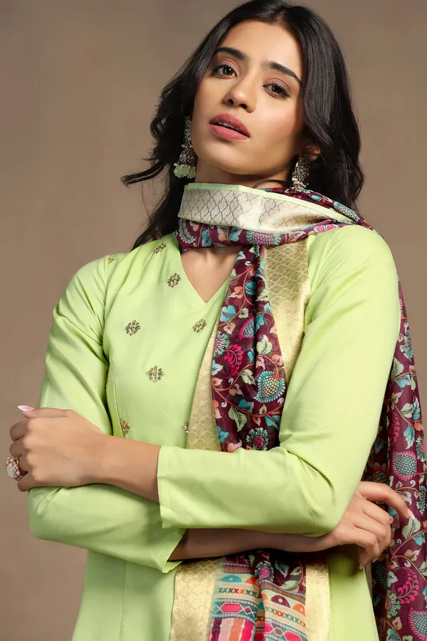 Pista_Cotton_Blend_A_Line_Emboidered_Kurta_And_Pant_With_Dupatta_Set
