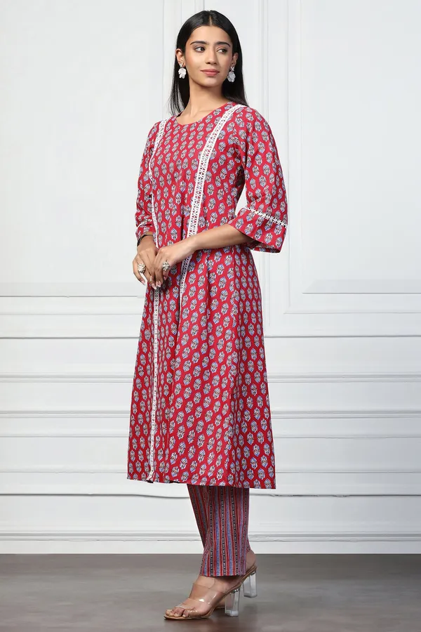 Red_Cotton_Floral_Printed_Calf_Length_Kurta_With_Pant_Set