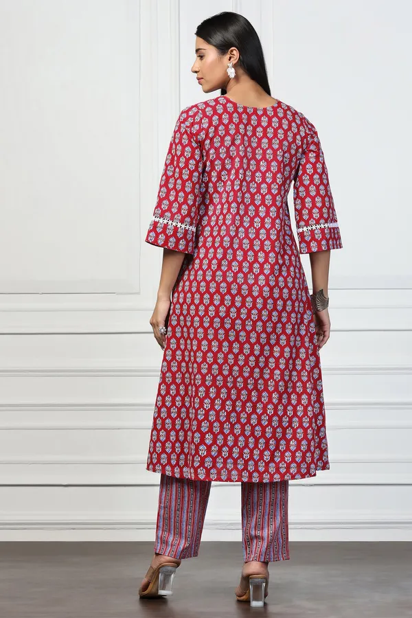 Red_Cotton_Floral_Printed_Calf_Length_Kurta_With_Pant_Set
