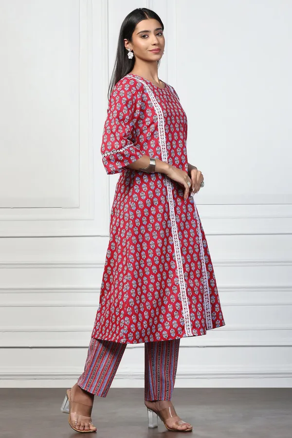 Red_Cotton_Floral_Printed_Calf_Length_Kurta_With_Pant_Set