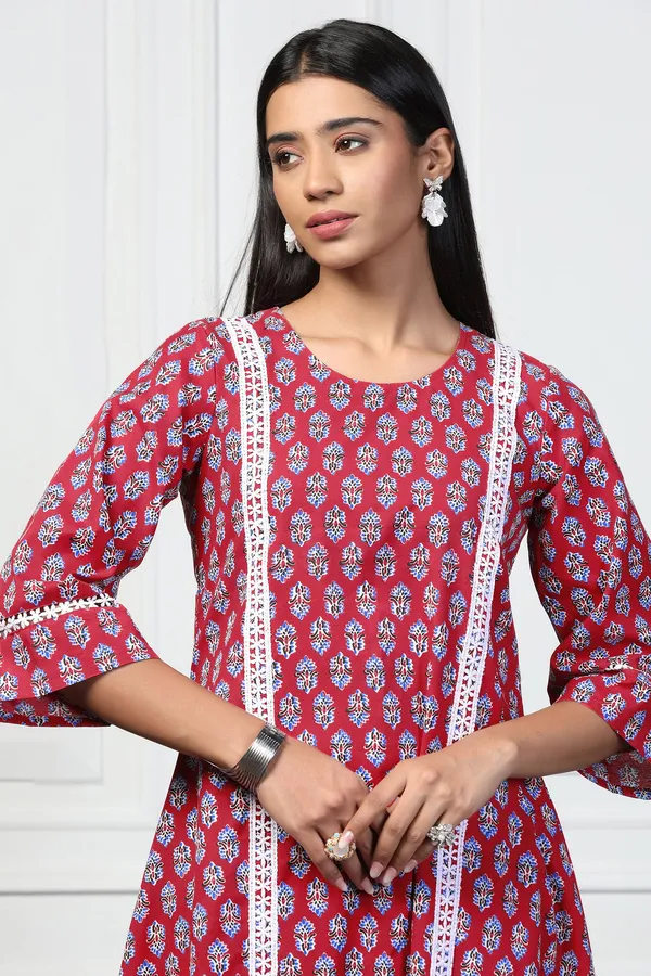 Red_Cotton_Floral_Printed_Calf_Length_Kurta_With_Pant_Set