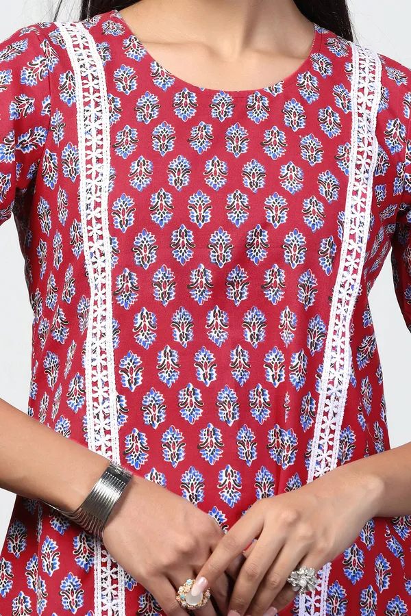 Red_Cotton_Floral_Printed_Calf_Length_Kurta_With_Pant_Set