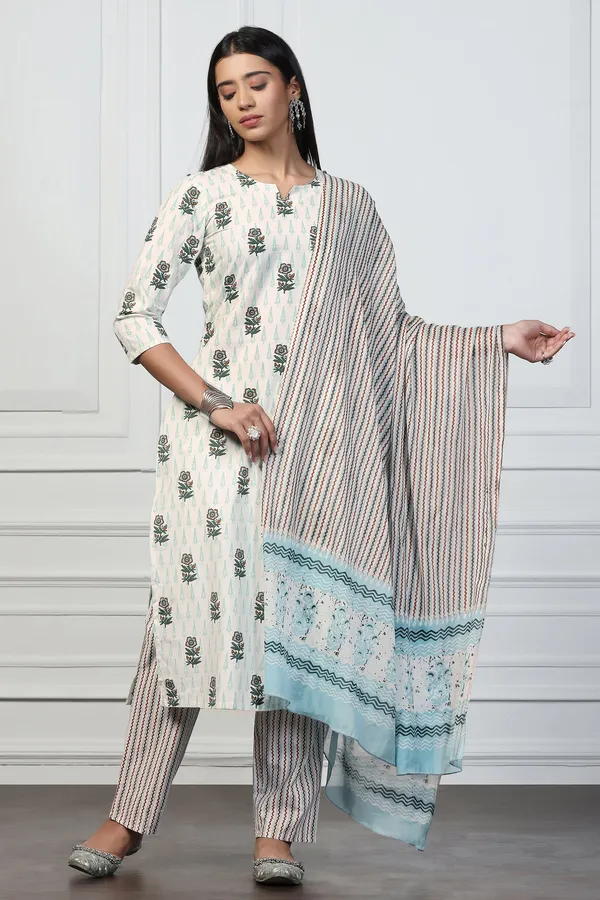 Off_White_Cotton_Floral_Printed_Calf_Length_Kurta_And_Pant_With_Dupatta_Set