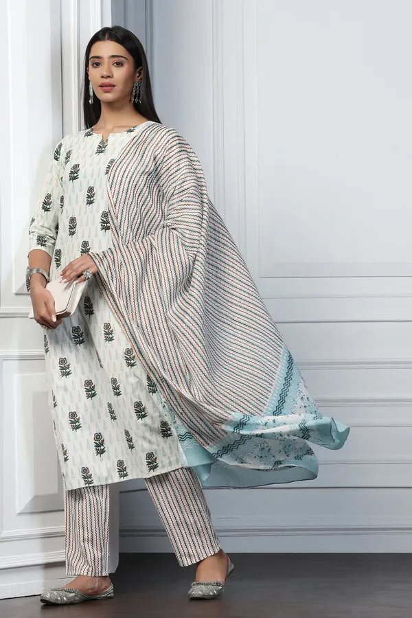Off_White_Cotton_Floral_Printed_Calf_Length_Kurta_And_Pant_With_Dupatta_Set