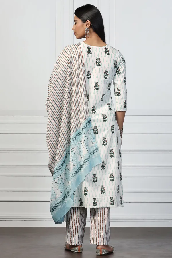 Off_White_Cotton_Floral_Printed_Calf_Length_Kurta_And_Pant_With_Dupatta_Set