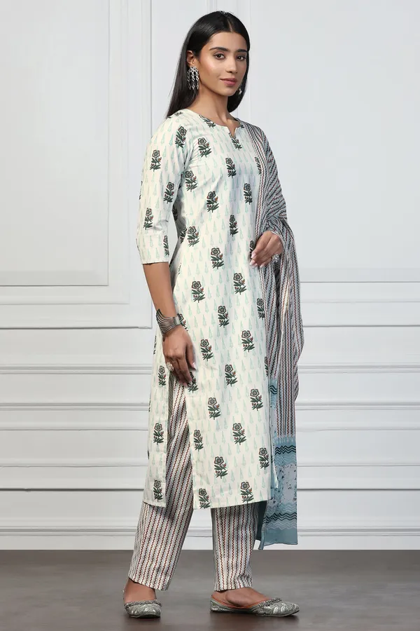 Off_White_Cotton_Floral_Printed_Calf_Length_Kurta_And_Pant_With_Dupatta_Set