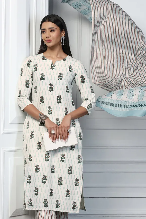 Off_White_Cotton_Floral_Printed_Calf_Length_Kurta_And_Pant_With_Dupatta_Set