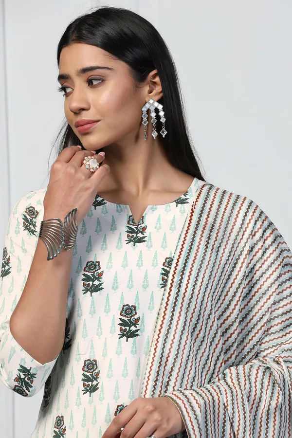 Off_White_Cotton_Floral_Printed_Calf_Length_Kurta_And_Pant_With_Dupatta_Set