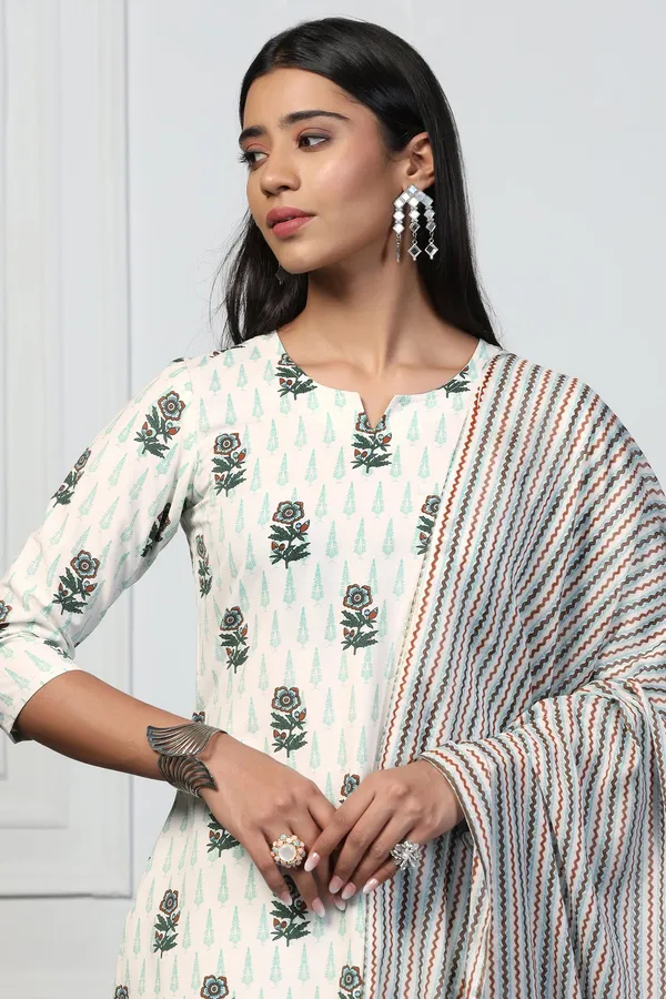 Off_White_Cotton_Floral_Printed_Calf_Length_Kurta_And_Pant_With_Dupatta_Set