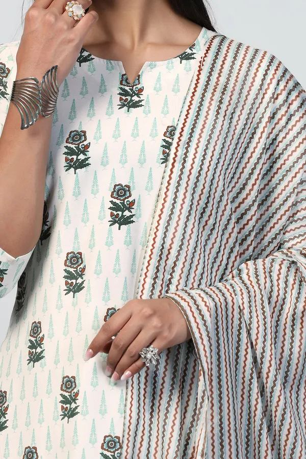 Off_White_Cotton_Floral_Printed_Calf_Length_Kurta_And_Pant_With_Dupatta_Set