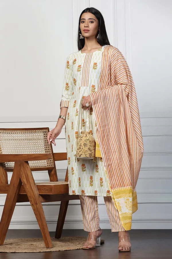 Off_White_Cotton_Floral_Printed_Calf_Length_Kurta_And_Pant_With_Dupatta_Set