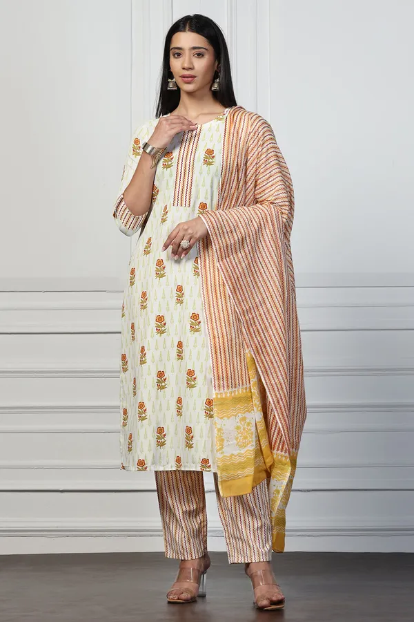 Off_White_Cotton_Floral_Printed_Calf_Length_Kurta_And_Pant_With_Dupatta_Set