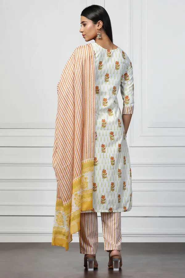 Off_White_Cotton_Floral_Printed_Calf_Length_Kurta_And_Pant_With_Dupatta_Set