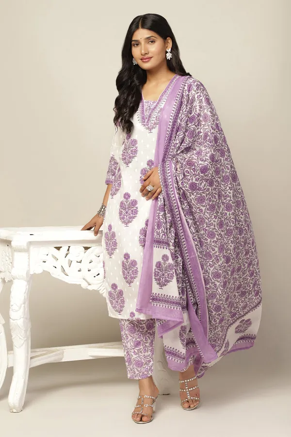 White_Cotton_All-Over_Printed_Calf_Length_Kurta_And_Pant_With_Dupatta_Set
