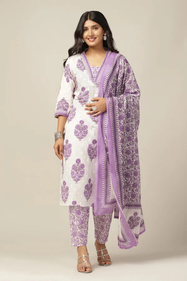 White_Cotton_All-Over_Printed_Calf_Length_Kurta_And_Pant_With_Dupatta_Set