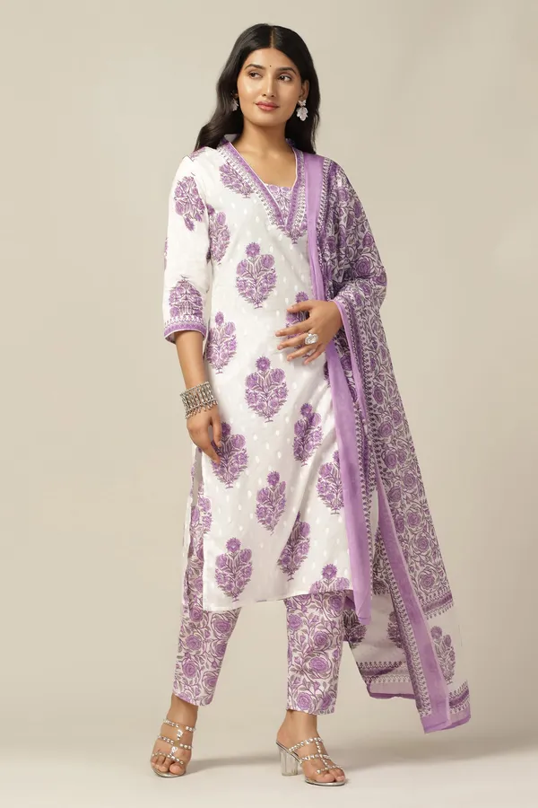 White_Cotton_All-Over_Printed_Calf_Length_Kurta_And_Pant_With_Dupatta_Set