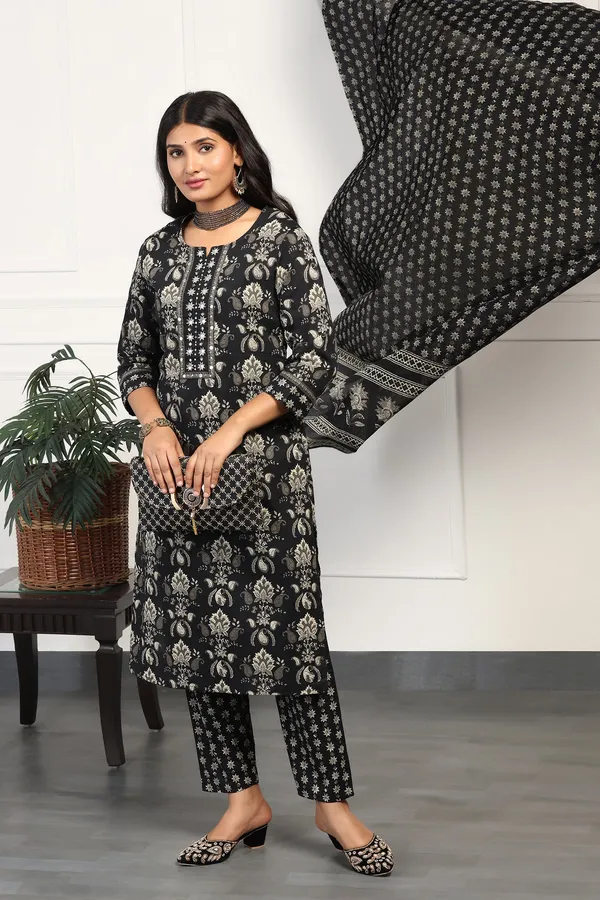 Black_Cotton_All-Over_Printed_Calf_Length_Kurta_And_Pant_With_Dupatta_Set