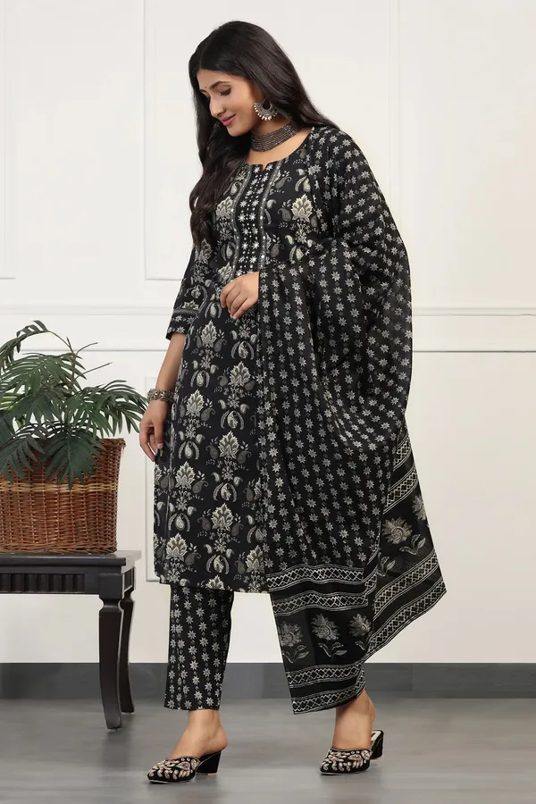 Black_Cotton_All-Over_Printed_Calf_Length_Kurta_And_Pant_With_Dupatta_Set