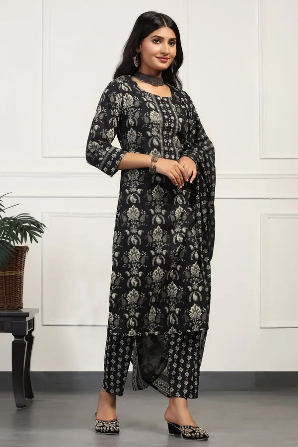 Black_Cotton_All-Over_Printed_Calf_Length_Kurta_And_Pant_With_Dupatta_Set