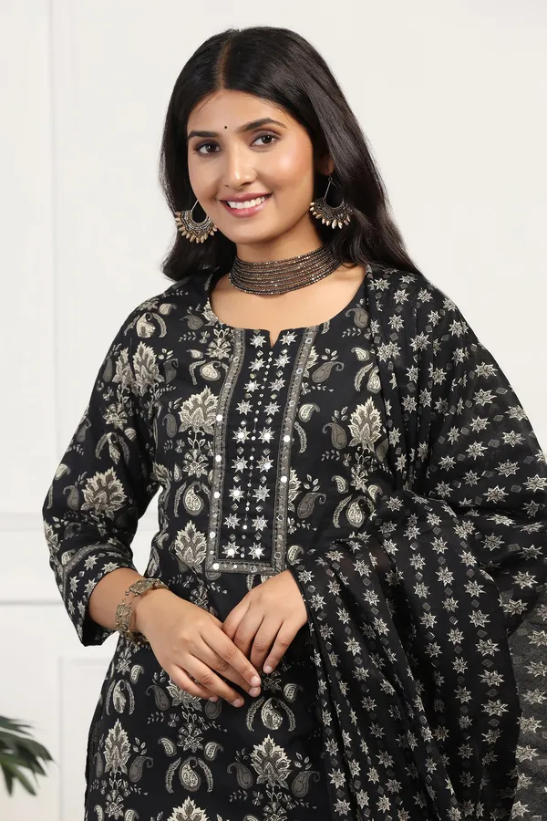 Black_Cotton_All-Over_Printed_Calf_Length_Kurta_And_Pant_With_Dupatta_Set