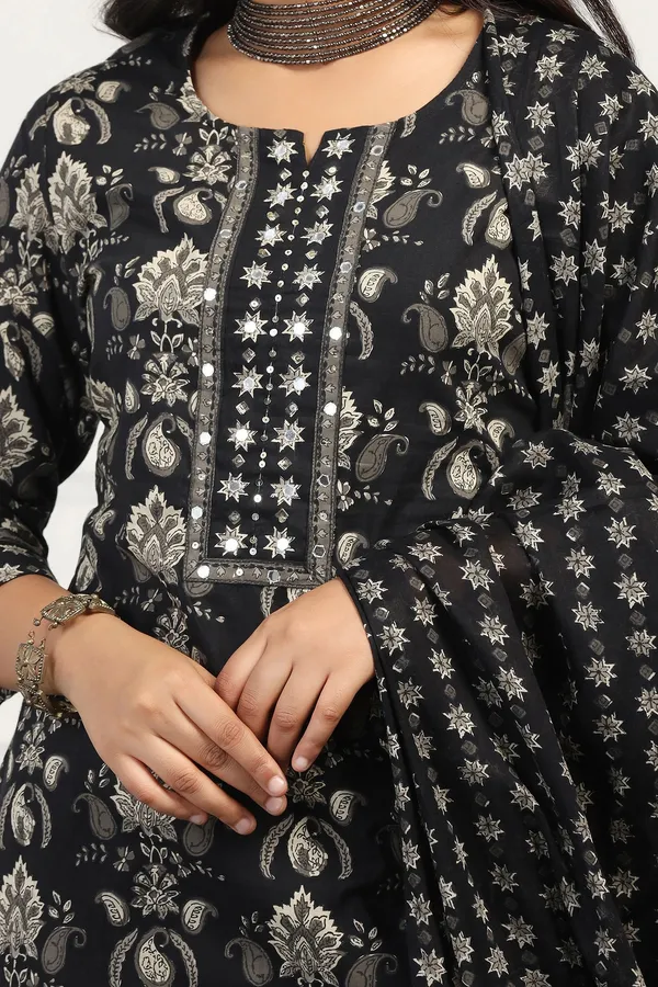Black_Cotton_All-Over_Printed_Calf_Length_Kurta_And_Pant_With_Dupatta_Set