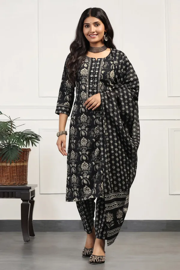 Black_Cotton_All-Over_Printed_Calf_Length_Kurta_And_Pant_With_Dupatta_Set