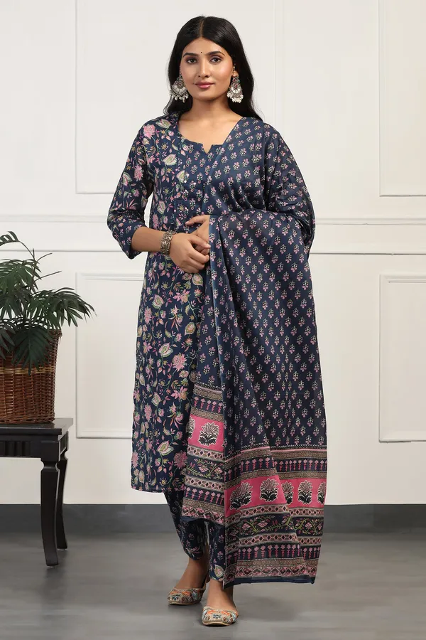Blue_Cotton_All-Over_Printed_Calf_Length_Kurta_And_Pant_With_Dupatta_Set