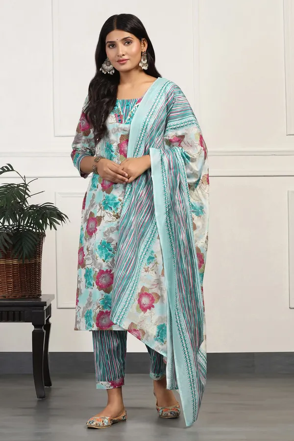 Sea_Green_Cotton_All-Over_Printed_Calf_Length_Kurta_And_Pant_With_Dupatta_Set