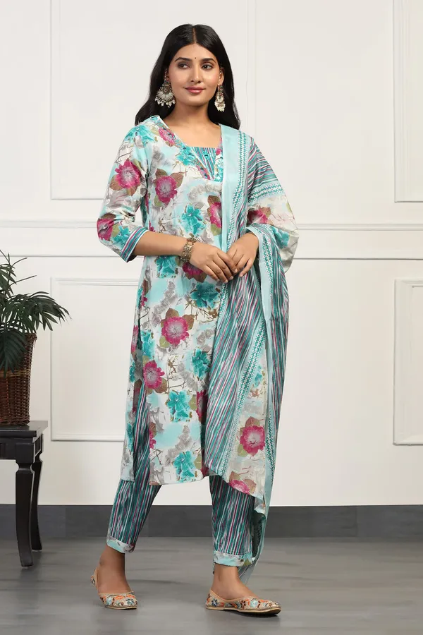 Sea_Green_Cotton_All-Over_Printed_Calf_Length_Kurta_And_Pant_With_Dupatta_Set