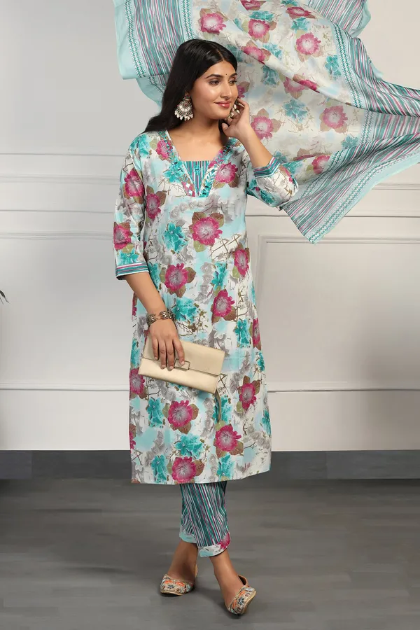 Sea_Green_Cotton_All-Over_Printed_Calf_Length_Kurta_And_Pant_With_Dupatta_Set