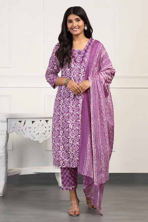 Purple_Cotton_All-Over_Printed_Calf_Length_Kurta_And_Pant_With_Dupatta_Set