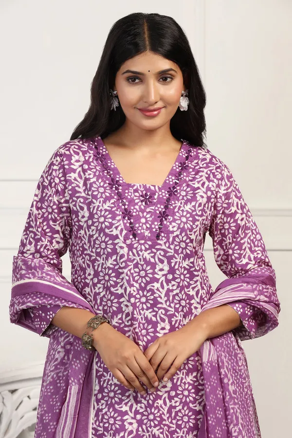 Purple_Cotton_All-Over_Printed_Calf_Length_Kurta_And_Pant_With_Dupatta_Set