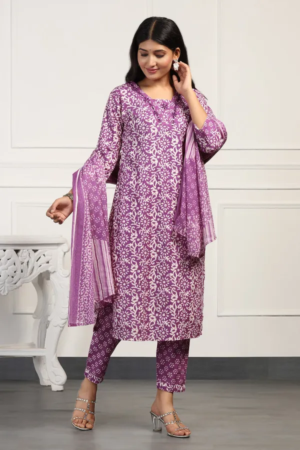 Purple_Cotton_All-Over_Printed_Calf_Length_Kurta_And_Pant_With_Dupatta_Set