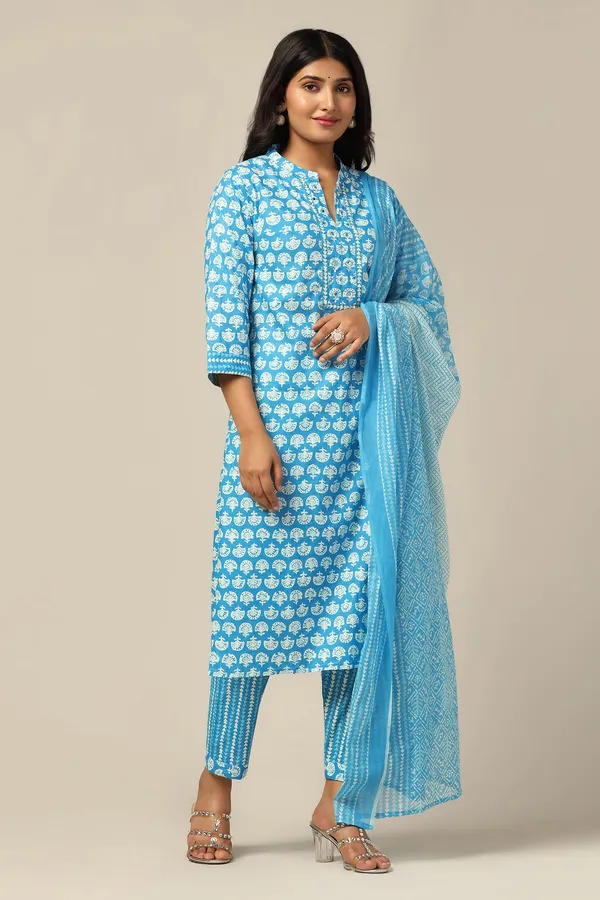 Blue_Cotton_All-Over_Printed_Calf_Length_Kurta_And_Pant_With_Dupatta_Set