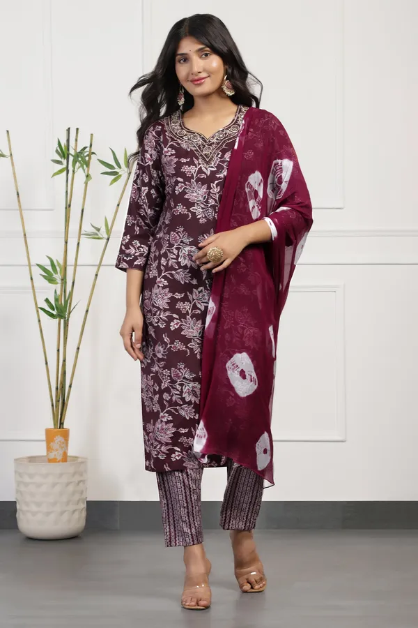 Wine_Cotton_Floral_Printed_Calf_Length_Kurta_And_Pant_With_Dupatta_Set