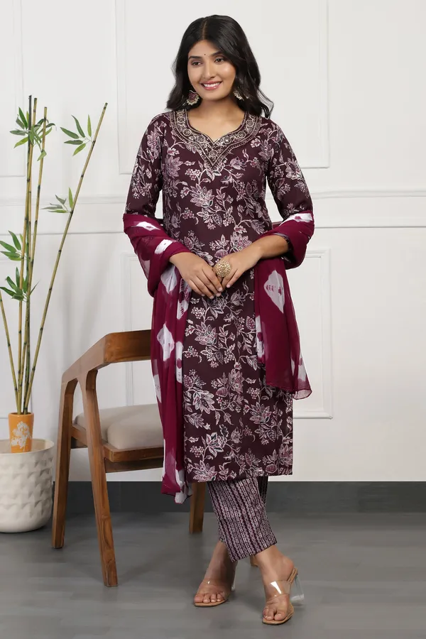 Wine_Cotton_Floral_Printed_Calf_Length_Kurta_And_Pant_With_Dupatta_Set