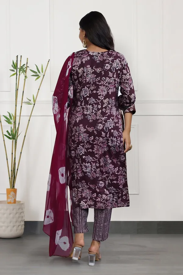 Wine_Cotton_Floral_Printed_Calf_Length_Kurta_And_Pant_With_Dupatta_Set