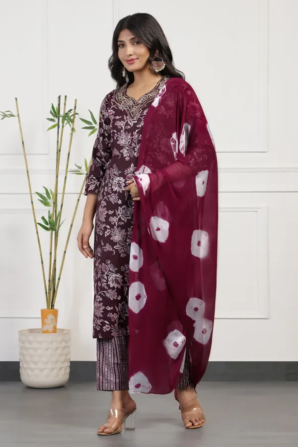 Wine_Cotton_Floral_Printed_Calf_Length_Kurta_And_Pant_With_Dupatta_Set