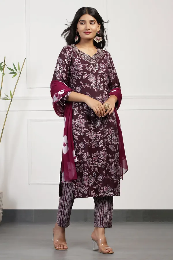 Wine_Cotton_Floral_Printed_Calf_Length_Kurta_And_Pant_With_Dupatta_Set