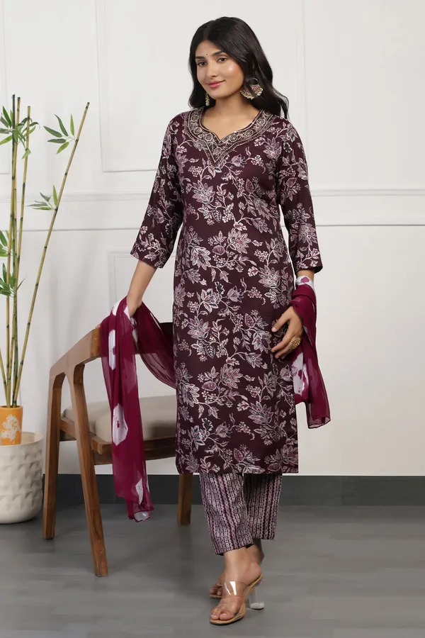 Wine_Cotton_Floral_Printed_Calf_Length_Kurta_And_Pant_With_Dupatta_Set