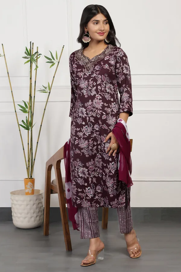 Wine_Cotton_Floral_Printed_Calf_Length_Kurta_And_Pant_With_Dupatta_Set