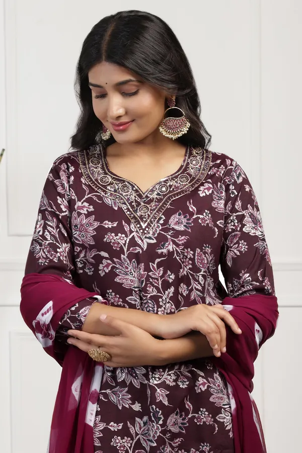 Wine_Cotton_Floral_Printed_Calf_Length_Kurta_And_Pant_With_Dupatta_Set
